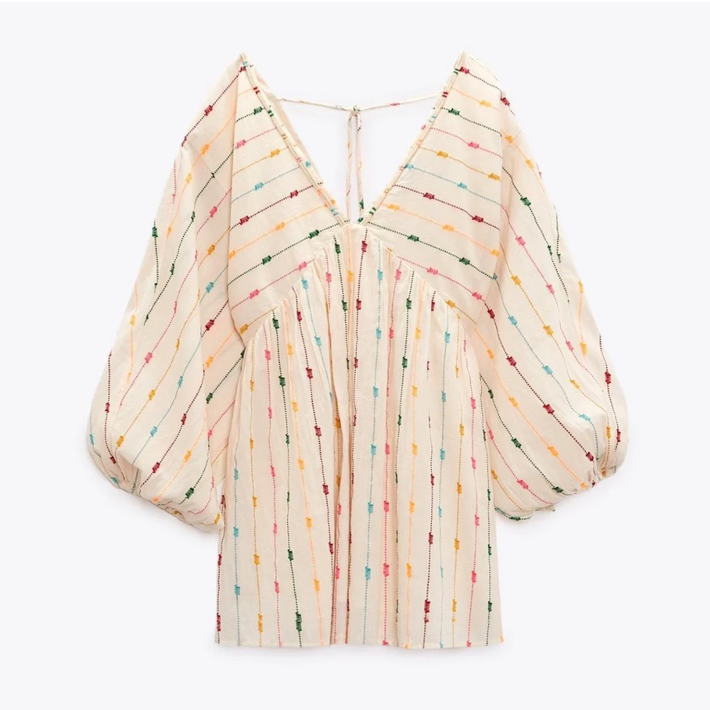 Zara Cream Embroidered V-Neck Blouse with Multicolor Stripes